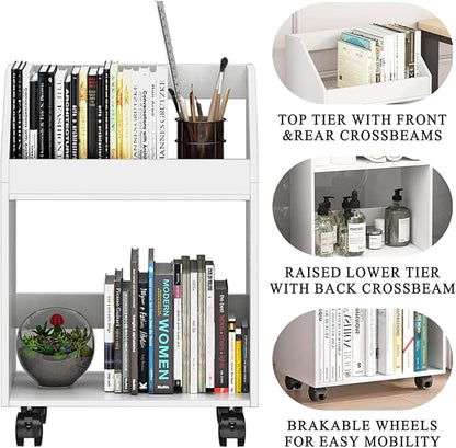 2-Tier Mobile Bookshelf, White Bookcase with Wheels, Rolling File Holder Desk File Book Organizer for Home Office Living Room School