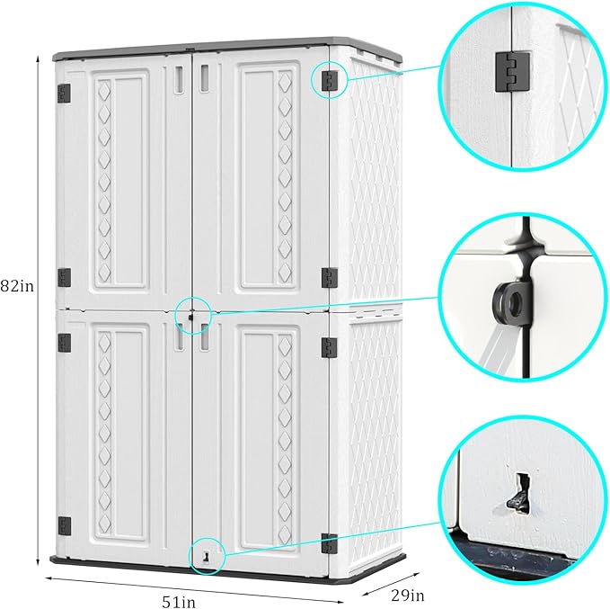 HOMSPARK Storage Shed Weather Resistance, Multi-Purpose Outdoor Storage Cabinet Waterproof, Outdoor Storage Cabinet for Garbage Cans, Lawnmower, Garden Accessories (Off White, Tall shed-53 cu ft)