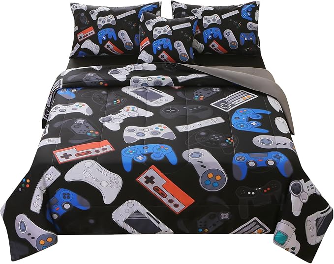 JQinHome Full Gamer Comforter Set for Boys,6 Piece Bed in A Bag 3D Video Game Bedding -All Season Soft Microfiber Down Alternative Comforter Gamer Bedding Sets for Kids(Gamepad Collection)