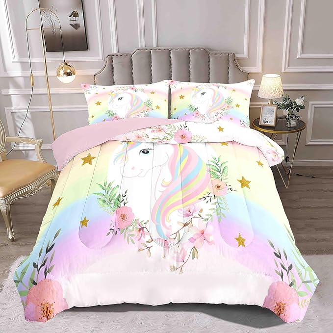 Kids Comforter Bedding Set 3 Piece Super Soft Breathable Print Kids Bedding Sets for Girls, Machine Washable Durable Comforter Set with Comforter, 2 Pillowcases Flowers Stars (Twin,Unicorn)