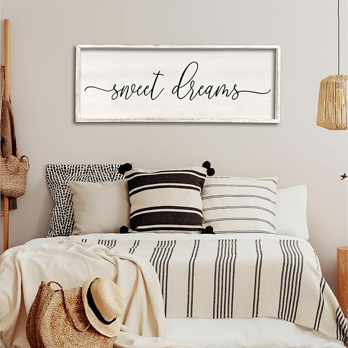 Sweet Dreams Wall Decor Above Bed 32''×12'' Master Bedroom Large Sweet Dreams Sign Farmhouse Wall Decor Guest Room Wood Rustic Framed Wall Art Hanging Decoration (White)