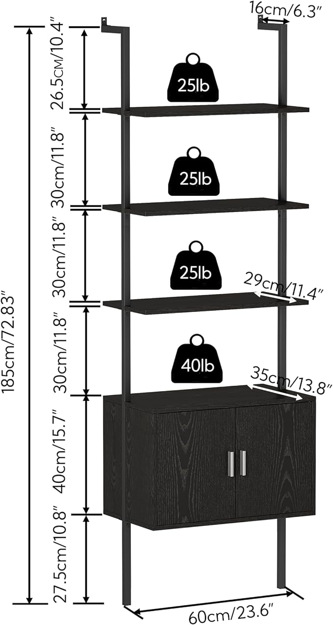 Yusong 73" Tall Bookshelf with Cabinet, Industrial Ladder Wall Mount Shelf Bookcase with Wood and Metal Frame, Plant Shelf Wall Storage Display for Living Room Bedroom, Black Wood Grain