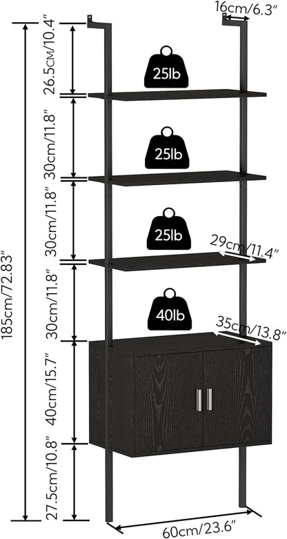 Yusong 73" Tall Bookshelf with Cabinet, Industrial Ladder Wall Mount Shelf Bookcase with Wood and Metal Frame, Plant Shelf Wall Storage Display for Living Room Bedroom, Black Wood Grain