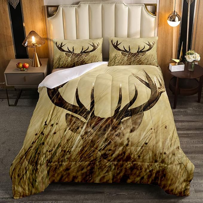 Christmas Antler Comforter Set Full, Whitetail Deer Down Comforter, Stag Quilted Duvet, Countryside Rural Hunting Theme Comforter Set for Living Room Bedroom Decor All Season, Ultra Lightweight