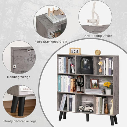 LEYAOYAO 8 Cube Bookshelf,3 Tier Bookcase with Legs,Modern Grey Mid-Century Bookshelves,Large Farmhouse Open Storage Organizer Shelf, Retro Wooden Display Book Case for Bedroom,Living Room,Office