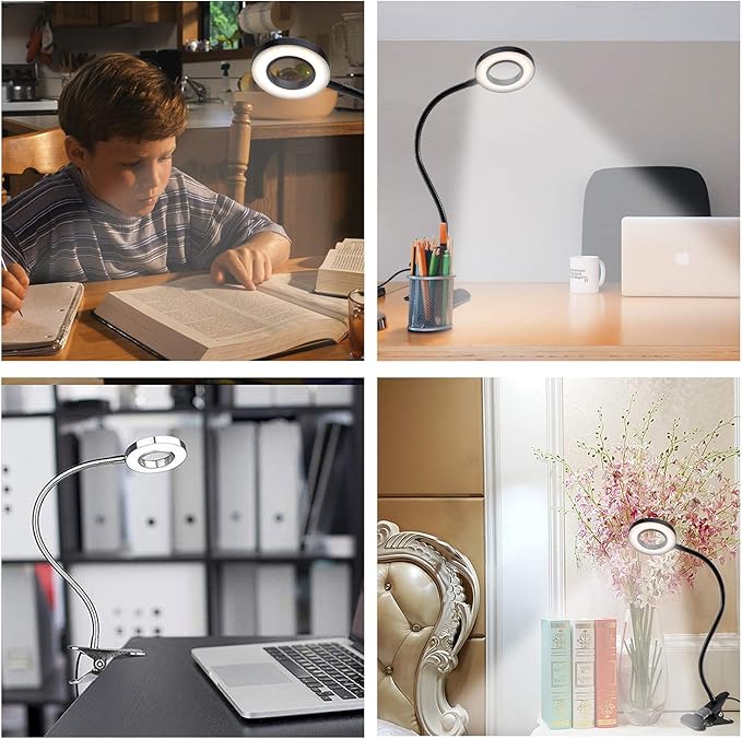 Desk Lamp Clip on Light, Desk Light 48 LED Lamp with 3 Lighting Modes, Dimmable 10 Brightness Levels, 360° Adjustable Gooseneck, Eye-Caring Small Lamp for Bed Headboard Reading（Included Adapter ）