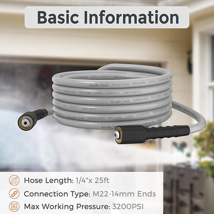 Giraffe Tools Pressure Washer Hose 25FT X 1/4", 3200 PSI Pressure Washing Hose, Kink Resistant, Heavy Duty Power Washer Hose, M22 to 3/8" Quick Connect Couplers for Replacement, 7 Accessories