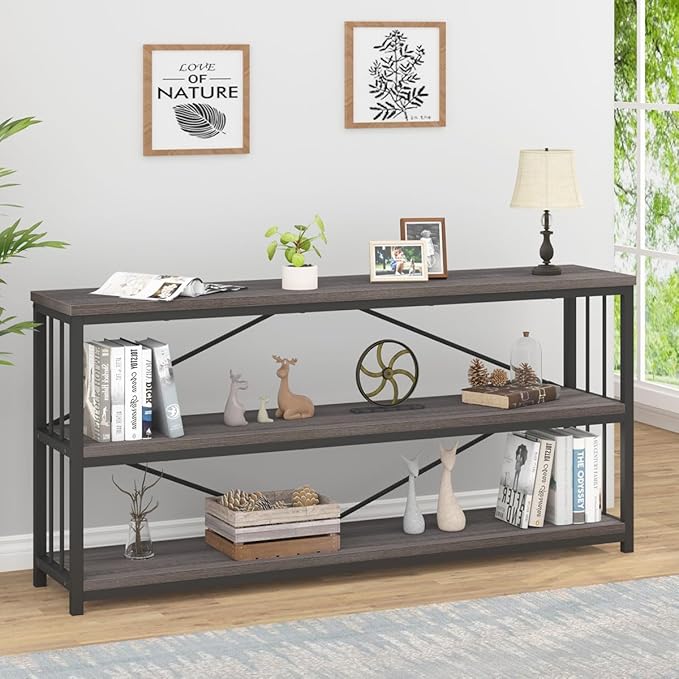 IBF Wood and Metal Book Shelf, Industrial Rustic Low 3 Tier Bookshelf, Farmhouse Long Wide Vintage Horizontal Bookcase, Modern Large Open Etagere for Home Office Living Room Bedroom, Gray Oak, 63 Inch