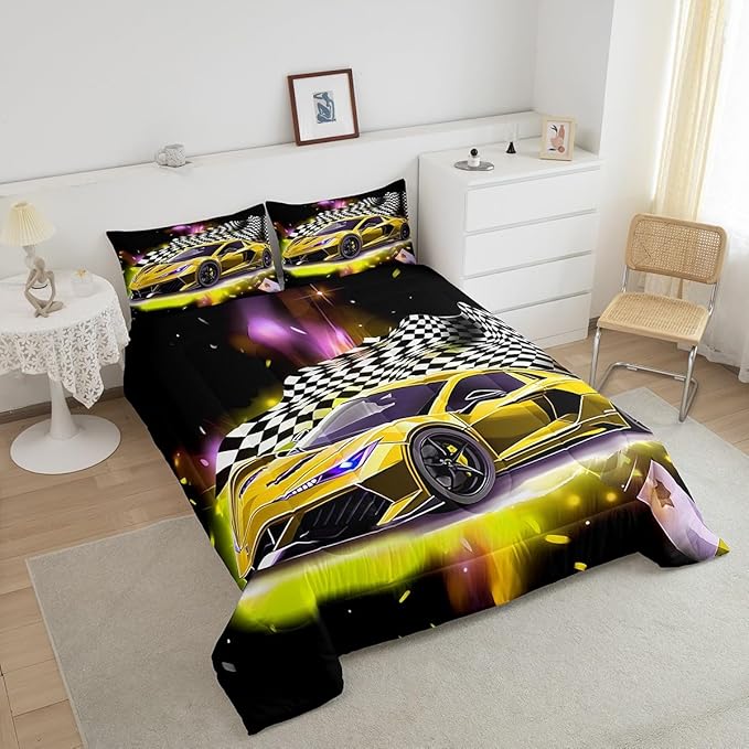 Feelyou Yellow Sports Car Comforter Sets King Size, Boys Race Car Bedding for Teens Girls Adult Extreme Speed Race Car Duvet Sets Black and White Grids Print Car Theme Bedroom Decor Quilts
