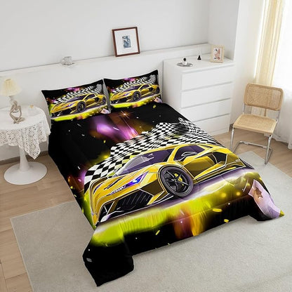 Feelyou Yellow Sports Car Comforter Sets King Size, Boys Race Car Bedding for Teens Girls Adult Extreme Speed Race Car Duvet Sets Black and White Grids Print Car Theme Bedroom Decor Quilts