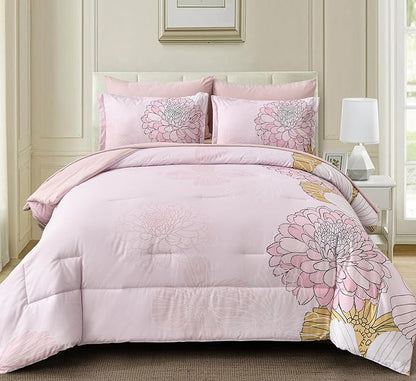 Yiran Bed in a Bag 7 Pieces Pink Colorful Floral Comforter Set Queen Size Soft Microfiber Bedding Set with Comforter,Sheets, Pillowcases & Shams 90"×90"