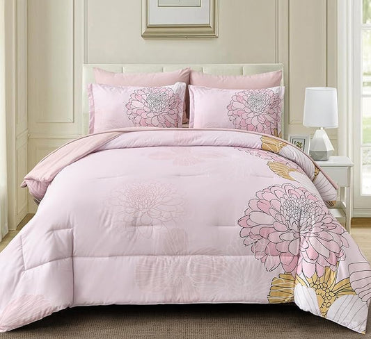 Pink Colorful Comforter Set King Size 7 Piece Floral Bed in a Bag Comforter for All Season Soft Microfiber Bedding Set for Teen Girls Women (103"×90")