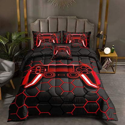 6 Pieces Gaming Bedding Set for Boys Gamer Comforter Set Full Size,Game Controller Comforter for Boys Kids Adult 3D Gamepad Microfiber Bedding 5 Pieces Bed in A Bag Sets-H50023,Full