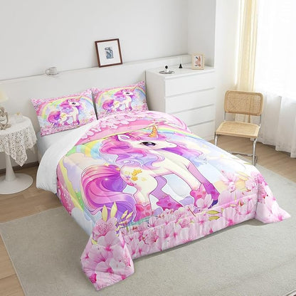 Cartoon Unicorn Kids Comforter Set Queen Size,Sakura Cherry Blossom Japanese Bedding Set,Girls Women Room Decor,Rainbow Unicorn Cute Down Comforter,Pink Purple Romantic Duvet Insert,2 Pillowcases