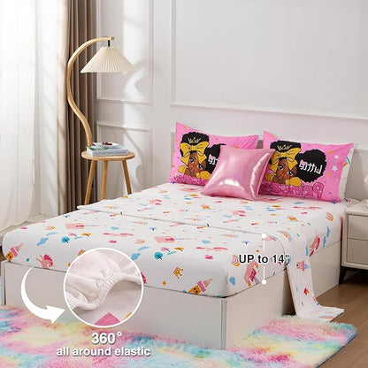A Nice Night Black Girl Little Princess Comforter Set, Pink 6Pcs Bed in A Bag Twin Size Sparkling Stars Bedding Set,for Kids, Girls