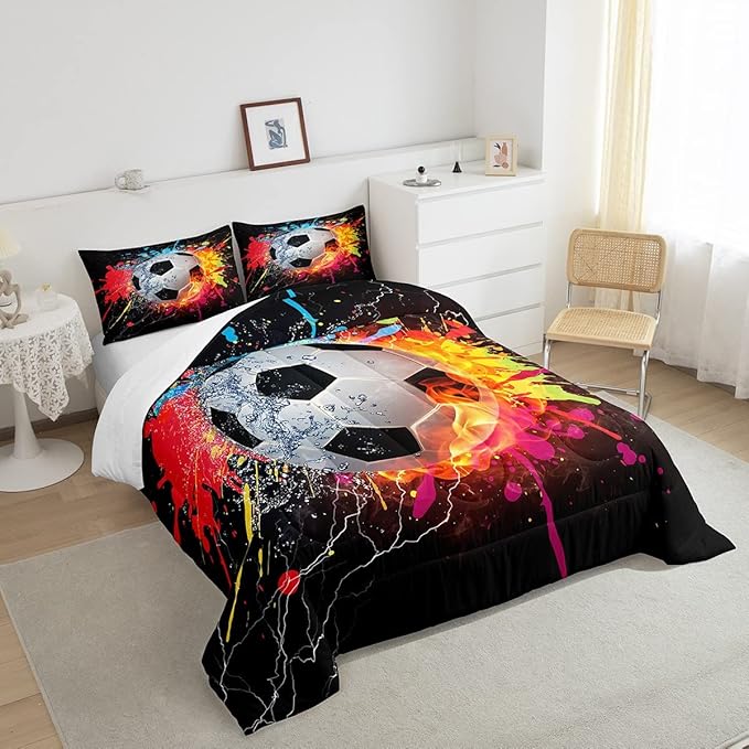 Kids Soccer Full Size Comforter Set For Boys Football Sports Bedding Set Teen Colorful Grunge Hippie Tie Dye Quilt Comforter Red Blue Water Fire Lightning Duvet Insert Lightweight Bedroom Dorm Decor
