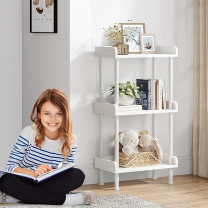 Bookshelf Small Book Shelf - 3-Tier Wood Bookcase Industrial Bookshelf with Edge Protection Metal Standing Book Shelves Display Book Rack for Living Room Bedroom Home Office (White)
