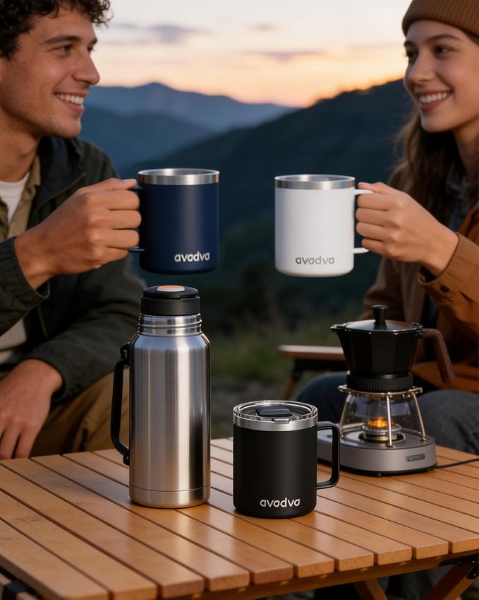 8 Pack 12oz Insulated Coffee Mug with Lid – Double Wall Stainless Steel Travel Cups with Handle, Keep Hot & Cold Drinks, Ideal Gift for Coffee Lovers, Home, Office & Camping, White