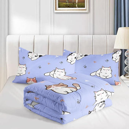 Datura home Purple Kawaii Cat Comforter Bedding Set for Girls Kitten Purple Print Cute Animal Pattern Bedding Set with 1 Comforter and 2 Pillowcases for Girls Bedroom All Season(Cat Purple Full)