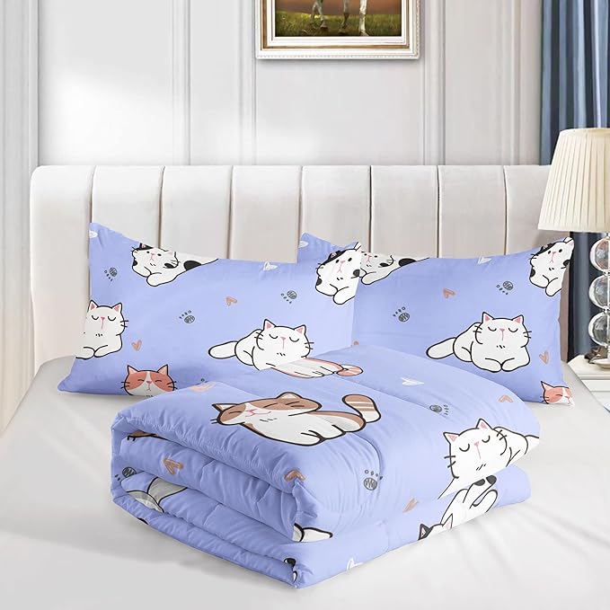 Datura home Purple Kawaii Cat Comforter Bedding Set for Girls Kitten Purple Print Cute Animal Pattern Bedding Set with 1 Comforter and 2 Pillowcases for Girls Bedroom All Season(Cat Purple Queen)