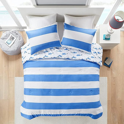 Mizone Kids Blake Reversible Dolphin Comforter Set - Adventure Animal Adorable Print with Stripe Reverse, Fun Bedroom Décor, Modern All Season Kids Bedding, Matching Sham, Full/Queen, Blue 3 Piece