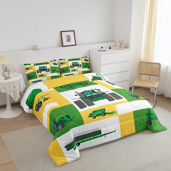 Kids Tractor Bedding Set Twin Boys Green Yellow Truck Comforter Set Excavator Construction Down Comforter Children Cartoon Vehicle Car Duvet Insert Farm Equitment Trucks Bedding Comforter Sets,2Pcs