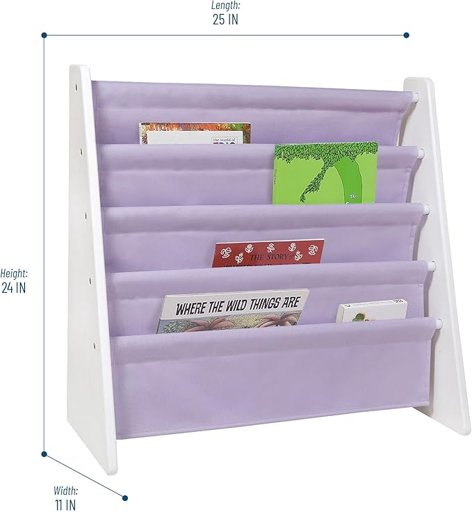 Wildkin Kids Canvas Sling Bookshelf for Boys and Girls, Wooden Design Features Four Fabric Shelves, Keep Bedrooms, Playrooms, and Classrooms Organized, an Ideal Kids Bookshelf (White w/Lilac)