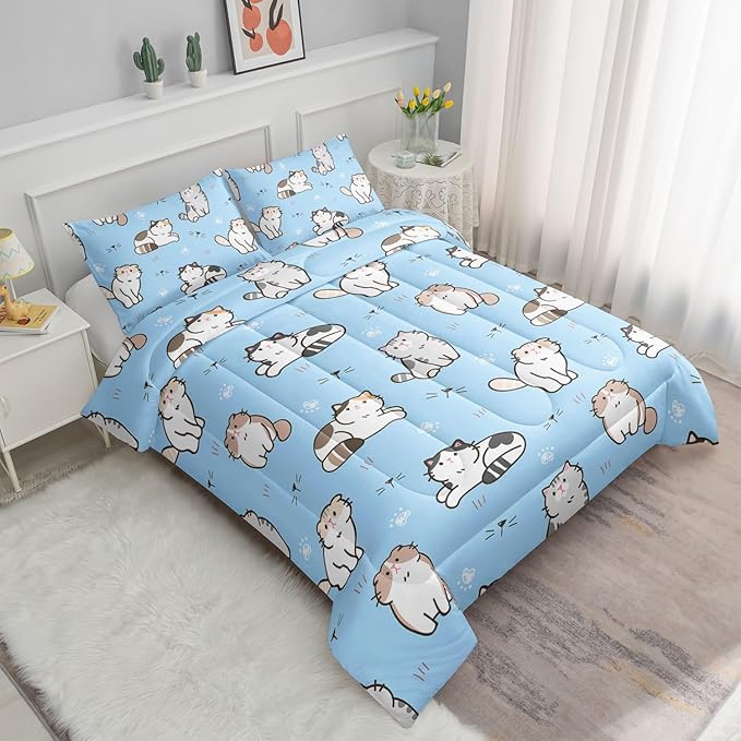Datura home Blue Kawaii Cat Comforter Bedding Set for Girls Lovely Kitten Blue Print Cute Animal Pattern Bedding Set with 1 Comforter and 2 Pillowcases for Girls Bedroom All Season(Cat Blue Twin)