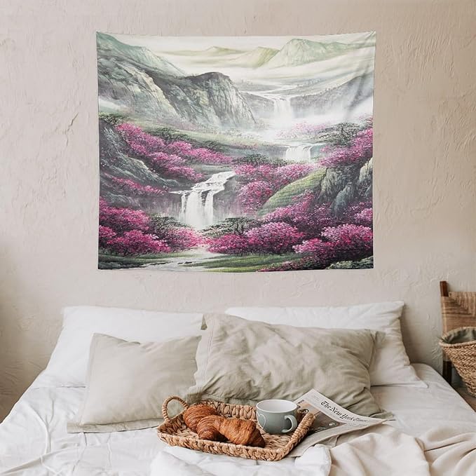 Japanese Tapestry, Red Plum Blossom Mountain Tapestry, Asian Japanese Wall Tapestry, Nature Landscape Tapestries for Bedroom Living Room Decor 60"x50"