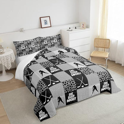 Ice Hockey Comforter Sets For Boys King Black White Grey Winter Sports Games Down Comforter Kids Teen Room Decor,Hockey Pucks Player Bedding Set Geometric Checkered Stripes Quilt Duvet 2 Pillow Cases