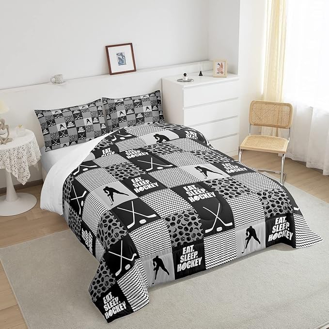 Ice Hockey Comforter Sets for Boys girls Twin Black White Grey Winter Sports Games Down Comforter Kids Teen Room Decor,Player Bedding Set Geometric Checkered Stripes Quilt Duvet 1 Pillow Case