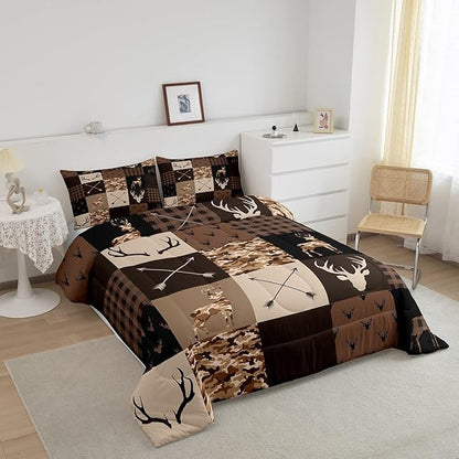 Antler Silhouette Kids Comforter Set Queen Size,Camo Brown Rustic Bedding Set,Girls Boys Adults Home/Xmas Cottage Decor,Stylish Plaid Grids Down Comforter,Arrows Boho Duvet Insert,3pcs,2 Pillowcases