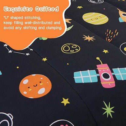 Space Dinosaur Kids Comforter Set for Boys Twin, Cute Reversible Quilted Black Printed Bedding Set with Pillow Sham, Lightweight Soft Breathable Machine Washable Bed Set 2 Piece
