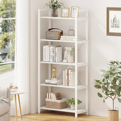 FATORRI 5 Tier Bookshelf, Metal and Wood Bookcase, Etagere Book Shelf for Display, Modern Shelving Unit Tall Book case for Home Office, Living Room, Bedroom (White Oak)