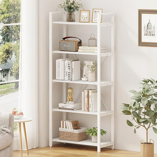FATORRI 5 Tier Bookshelf, Metal and Wood Bookcase, Etagere Book Shelf for Display, Modern Shelving Unit Tall Book case for Home Office, Living Room, Bedroom (White Oak)