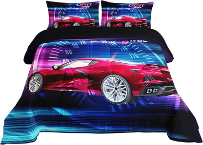 Axolotl Race Car Bedding Set Twin Size,Boys Extreme Sports Comforter Set for Kids Boys Car Racing Gifts,Red Cool Car Comforter Car Sports Quilt Set 1 Comforter Set with 2 Pillowcase Car Racing Gifts