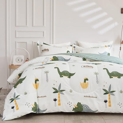 Joyreap Dinosaur Kids Cotton Comforter Set for Boys Girls, Twin Size 3pcs Cotton Bedding Comforter, Fresh Green Dinosaurs on White Design, Skin-friendly Breathable for All Season- 68x88 inches