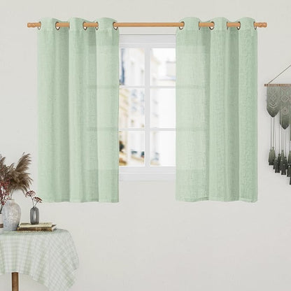 LAMIT Fresh Green Linen Sheer Curtains 45 inch for Kitchen, Soft Thick Light Filtering Boho Decor Neutral Drapes with Bronze Grommet for Basement/Window, 2 Panels, 34 x 45 Inch