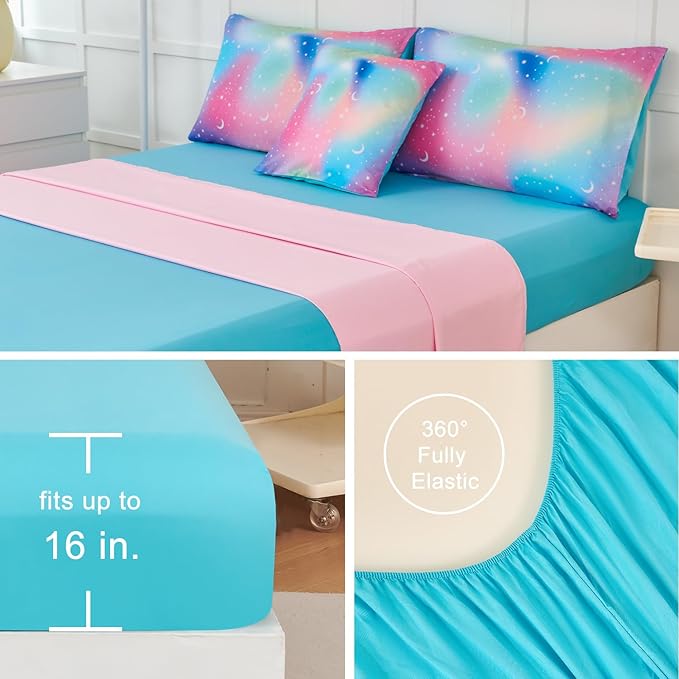 URBONUR Kids Bedding Set Twin Size 6 Pieces Comforter & Sheet Set Colorful Rainbow Tie Dye Stars Printed Girls Bedding Set Ultra Soft Bed Sets