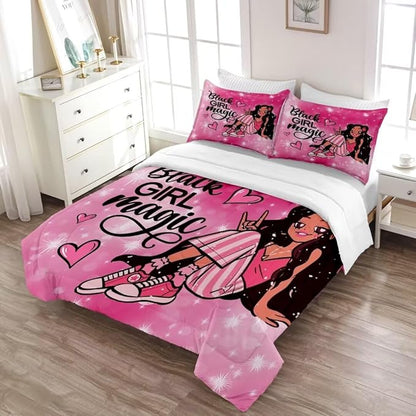 Black Girl Comforter Set Full for Kids,Black Girl Magic Bedding Set,Cuet Black Princess Girl Comforter Black Queen Melanin Bedroom Bed Set