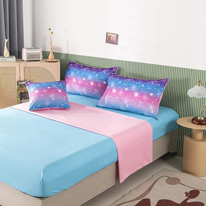 PERFEMET 6Pcs Pink Mermaid Comforter Set Queen Size 3D Glitter Bed in A Bag for Teens Girls Women Colorful Rainbow Bedding Set with Comforter and Sheets Ultra Soft Fuzzy Bed Comforter Quilted Set