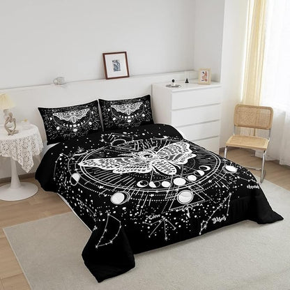 Gothic Decor Comforter Set Twin Size Boys Boho Moth Down Comforter Men Gothic Sugar Skull Comforter Galaxy Starry Sky Halloween Gothic Bedding For Kids Girls Women Bedroom Decor, Black White