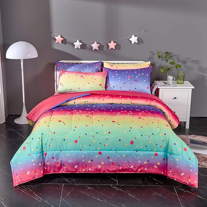 Colorful Polka Dots Rainbow Comforter Set for Teen Girls Women,Twin Size 4 Piece Bed in A Bag,Circles Printed Comforter and Sheets,Ultra Soft Microfiber All Season Bedding Set(Twin,Dots)