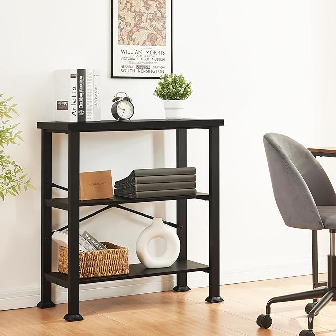 HOMBAZAAR Bookshelf, 3-Tier Vintage Industrial Book Shelf, Rustic Wood and Metal Bookcase and Bookshelves, Free Standing Storage Small Bookshelf for Living Room, Bedroom and Kitchen, Black