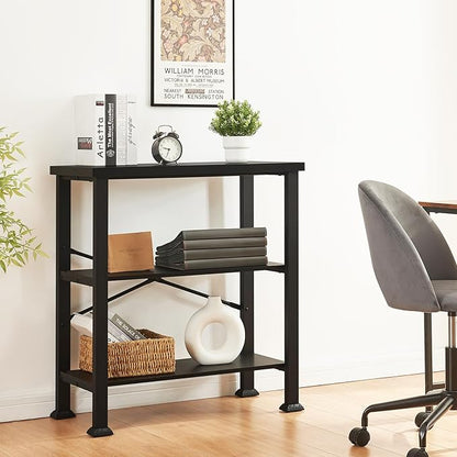 HOMBAZAAR Bookshelf, 3-Tier Vintage Industrial Book Shelf, Rustic Wood and Metal Bookcase and Bookshelves, Free Standing Storage Small Bookshelf for Living Room, Bedroom and Kitchen, Black