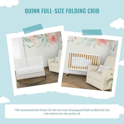 Quinn Full-Size Folding Crib In White, Removeable Wheels, Modern Nursey, Adjustable Mattress Support, Portable Crib, Patented Folding System