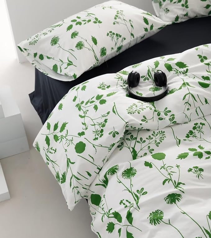 Sage Botanical Comforter Set Full White and Green Floral Plant Bedding Comforter Set Girls Garden Pattern Printed on White Blanket Rustic Leaf Blossom Women White Farmhouse Comforter Full