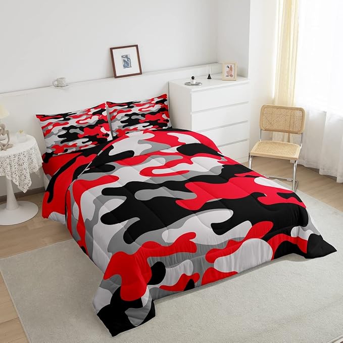 Queen Size Camouflage Comforter Set 3Pcs Kids Bedding Set for Boys Girls Teens 1 Comforter & 2 Pillowcases(Queen,Red Black) Boys