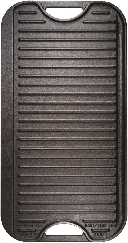 Lodge LPGI3 Cast Iron Reversible Grill/Griddle, 20-inch x 10.44-inch, Black & LGP3 Rectangular Cast Iron Grill Press, Pre-Seasoned, 6.75-inch x 4.5-inch