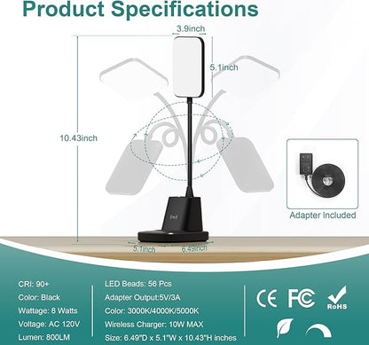 Cotanic LED Desk Lamps for Home Office with Wireless Charger, Stepless Dimmable, 3 Color Modes, Black Study Lamp for College Dorm Room, Touch Control, Pen Holder, CRI 90, 800 Lumen, Adapter Included